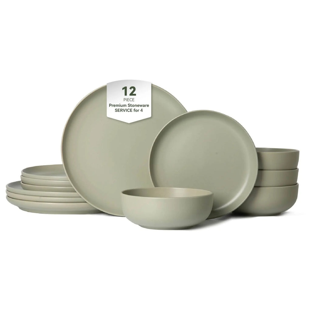 12-Piece Stoneware Dinner Plates Bowls Sets  Microwave  Dishwasher Safe  Non-Toxic Dinner Plates Bowls Set  Stackable Matte Glaze Kitchenware For 4