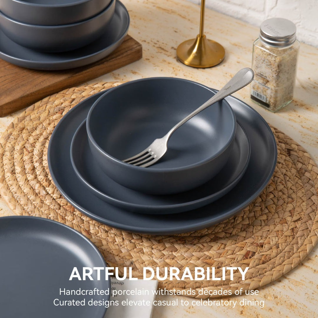 12-Piece Stoneware Dinner Plates Bowls Sets  Microwave & Dishwasher Safe   Non-Toxic Dinner Plates Bowls Set  Stackable Matte Glaze Kitchenware For 4