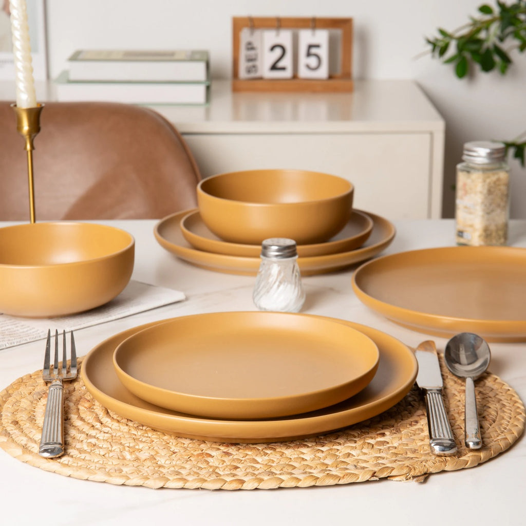 12-Piece Stoneware Dinner Plates Bowls Sets   Microwave & Dishwasher Safe   Non-Toxic Dinner Plates Bowls Set   Stackable Matte Glaze Kitchenware For 4