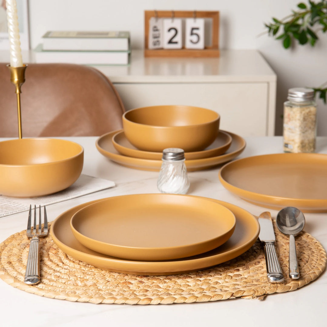 12-Piece Stoneware Dinner Plates Bowls Sets   Microwave & Dishwasher Safe   Non-Toxic Dinner Plates Bowls Set   Stackable Matte Glaze Kitchenware For 4