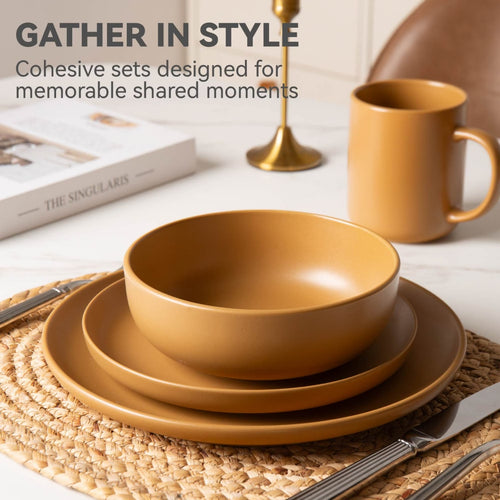 12-Piece Stoneware Dinner Plates Bowls Sets   Microwave & Dishwasher Safe   Non-Toxic Dinner Plates Bowls Set   Stackable Matte Glaze Kitchenware For 4