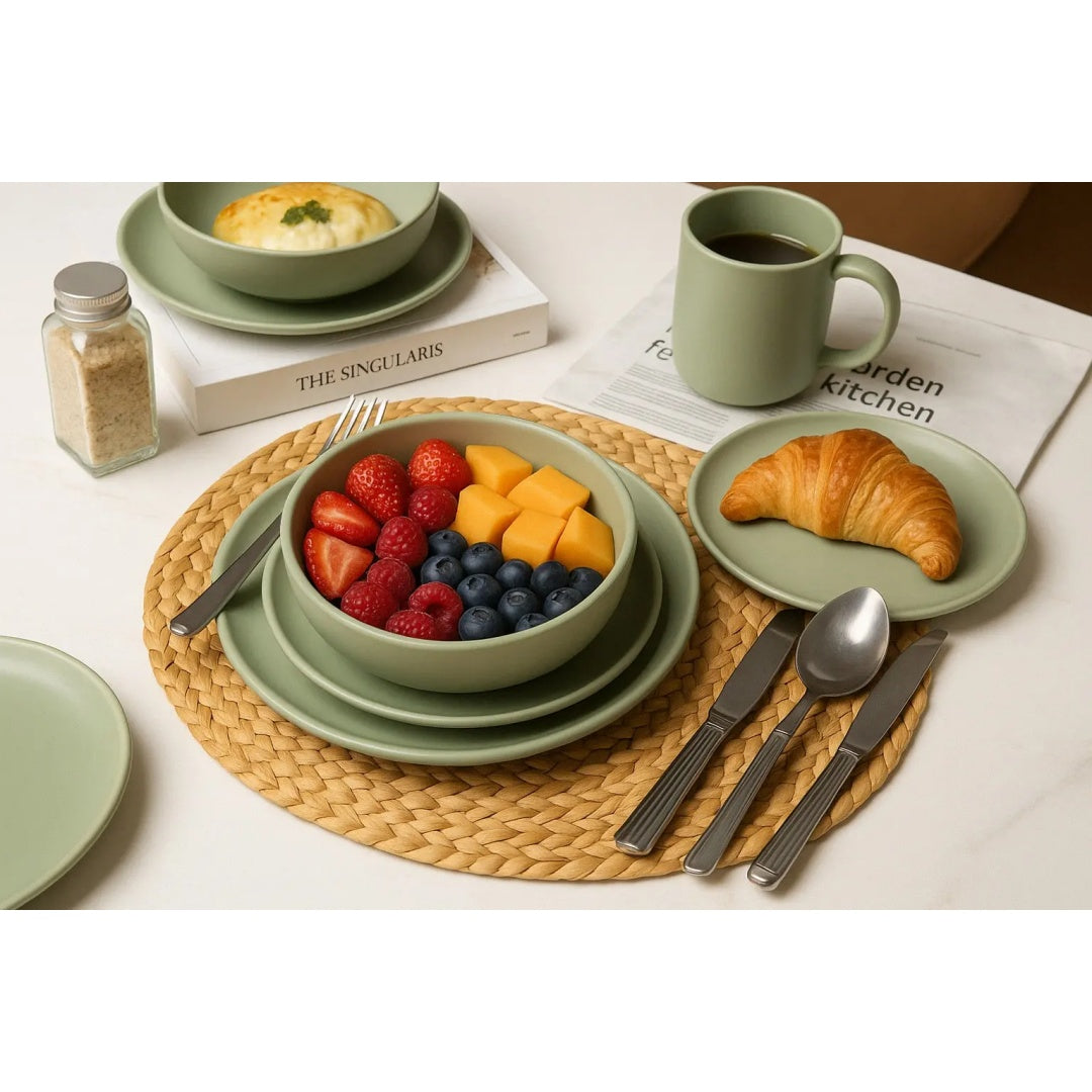 12-Piece Stoneware Dinner Plates Bowls Sets  Microwave  Dishwasher Safe  Non-Toxic Dinner Plates Bowls Set  Stackable Matte Glaze Kitchenware For 4