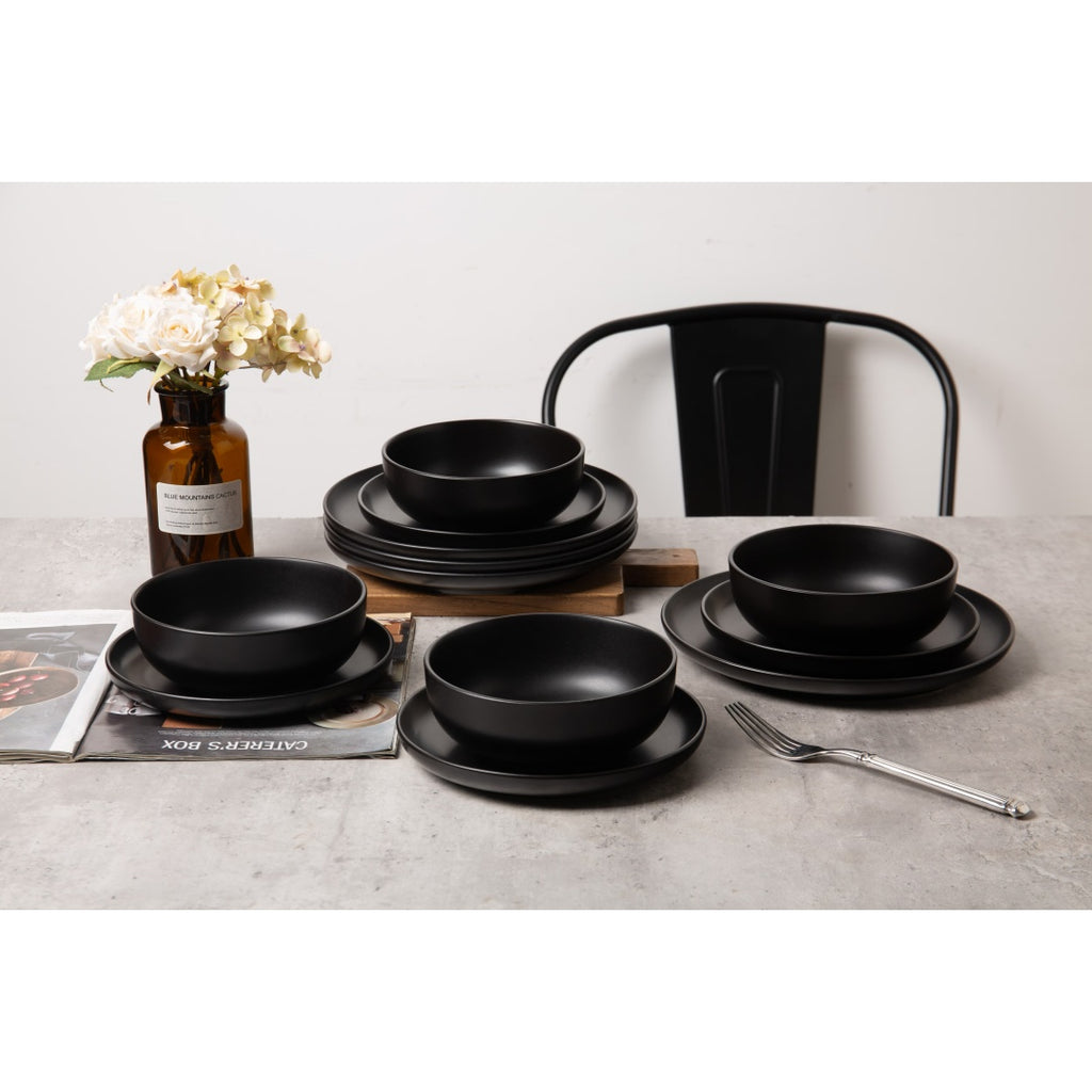 12-Piece Stoneware Dinner Plates Bowls Sets  Microwave & Dishwasher Safe   Non-Toxic Dinner Plates Bowls Set   Stackable Matte Glaze Kitchenware For 4
