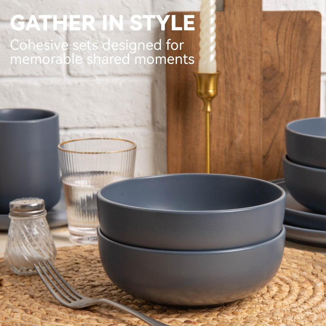 12-Piece Stoneware Dinner Plates Bowls Sets  Microwave & Dishwasher Safe   Non-Toxic Dinner Plates Bowls Set  Stackable Matte Glaze Kitchenware For 4