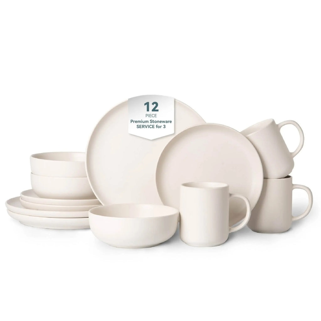 12-Piece Stoneware Dinnerware Sets With Mugs  Microwave  Dishwasher Safe  Non-Toxic Dinner Plates Bowls Set  Stackable Matte Glaze Kitchenware For 3