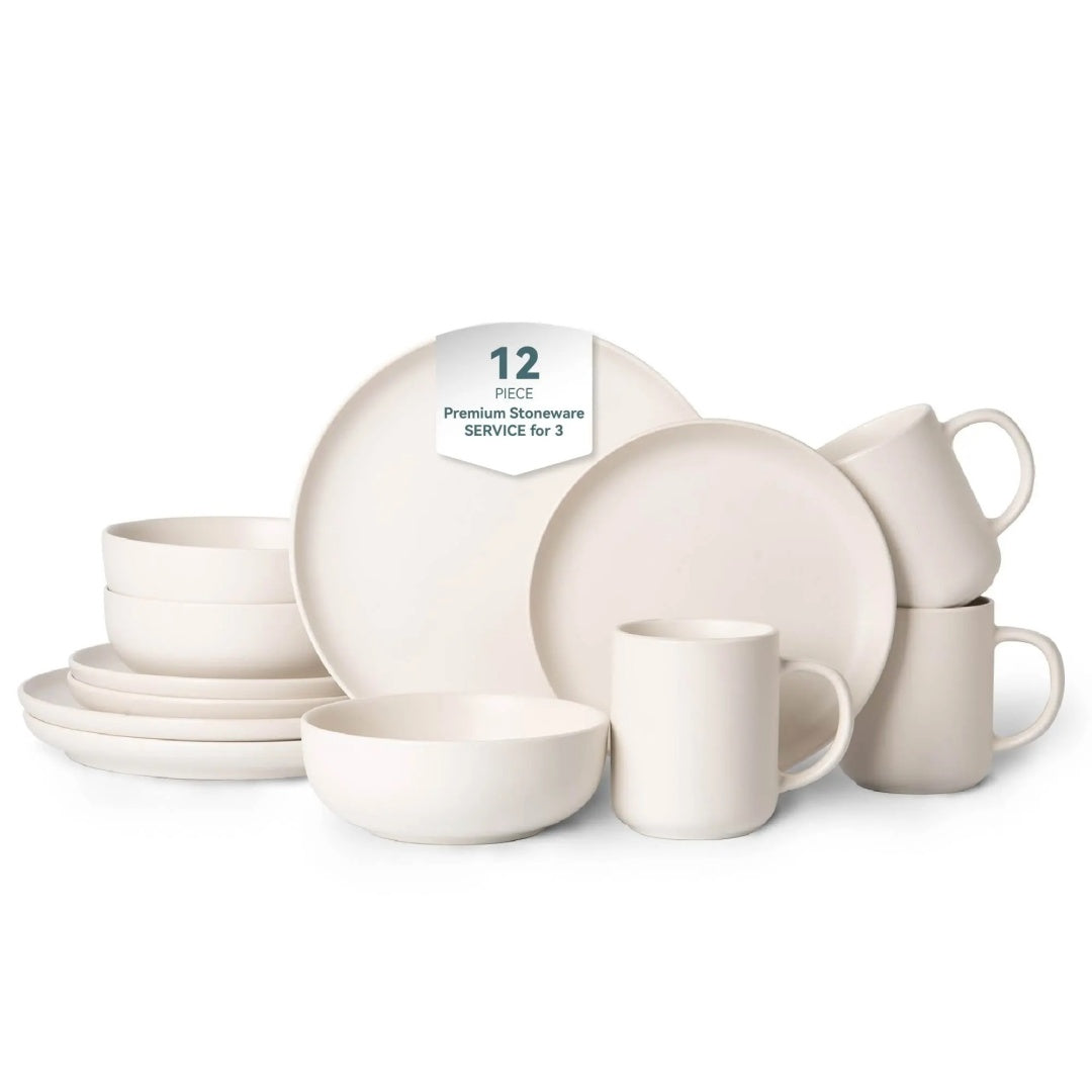 12-Piece Stoneware Dinnerware Sets With Mugs  Microwave  Dishwasher Safe  Non-Toxic Dinner Plates Bowls Set  Stackable Matte Glaze Kitchenware For 3