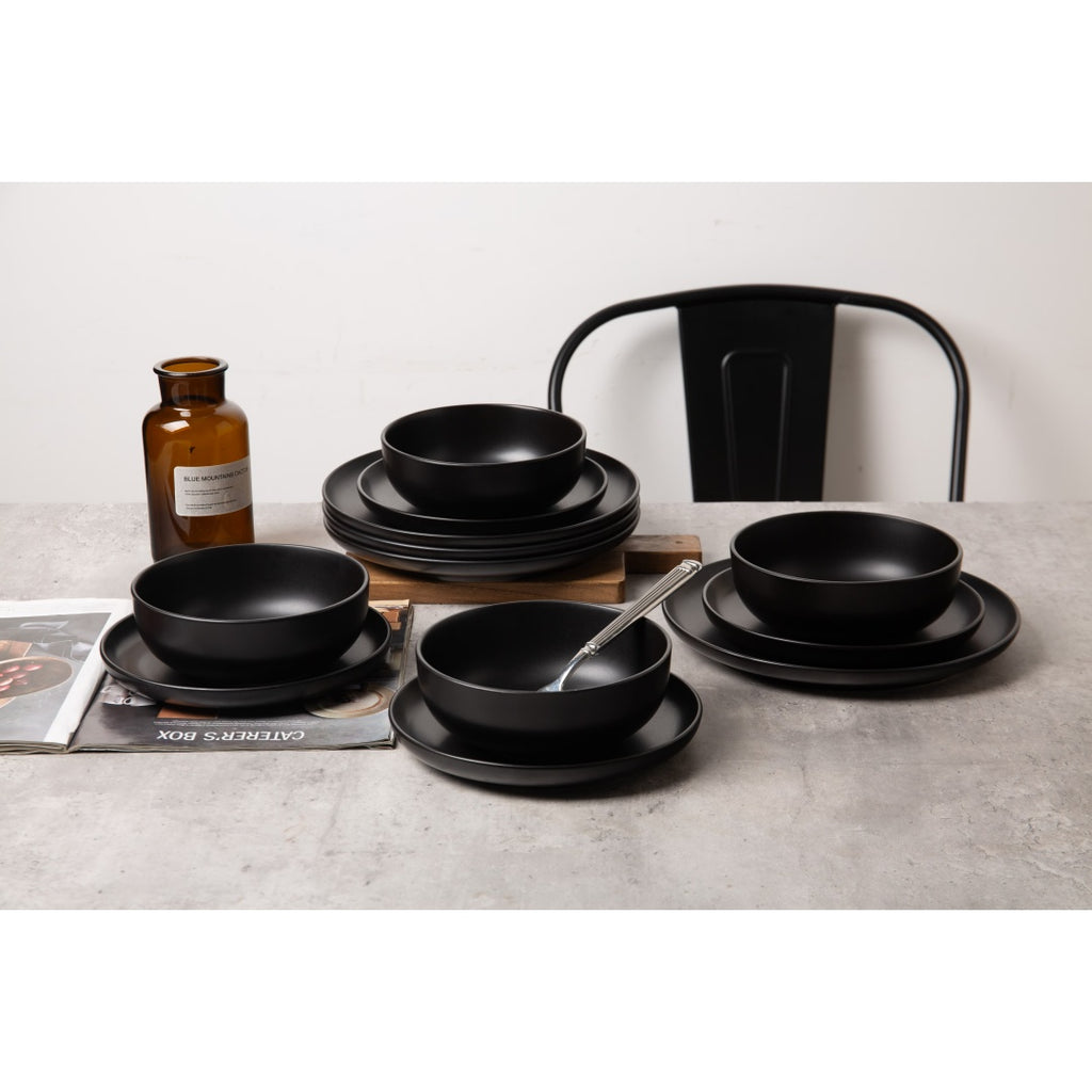 12-Piece Stoneware Dinner Plates Bowls Sets  Microwave & Dishwasher Safe   Non-Toxic Dinner Plates Bowls Set   Stackable Matte Glaze Kitchenware For 4
