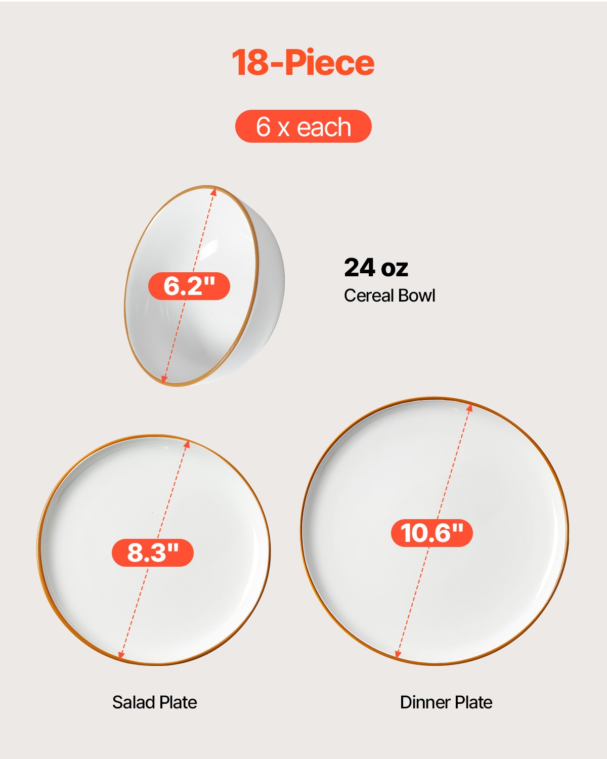 18 PCS Dinnerware Set Ceramic Plates And Bowls Sets Service For 6 White