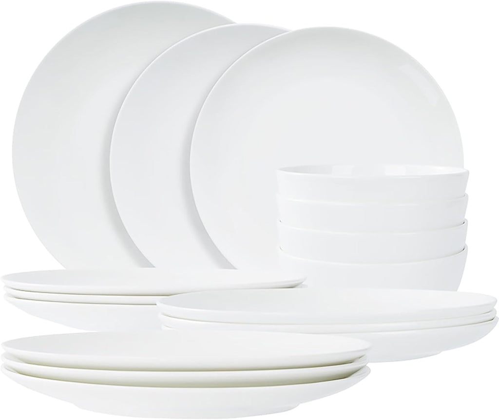 Jasmine Bone China Dinnerware Set, 16 Pieces, Service For 4, White Plates, Dishes, Bowls Set, Microwave And Dishwasher Safe
