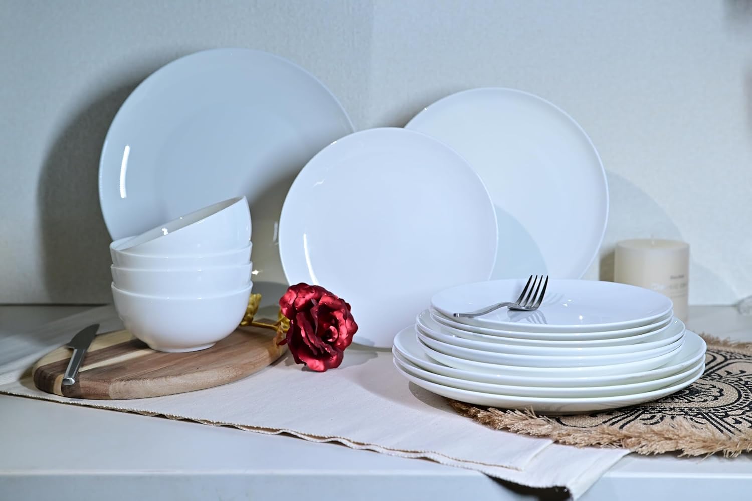 Jasmine Bone China Dinnerware Set, 16 Pieces, Service For 4, White Plates, Dishes, Bowls Set, Microwave And Dishwasher Safe